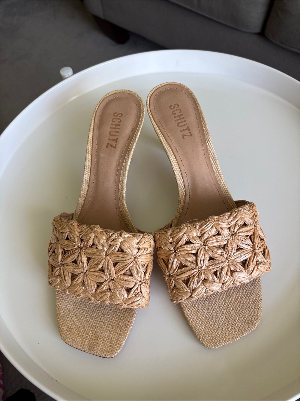 SCHUTZ Woven Tan Kitten Heel Slide Sandals - Picture 2 of 4